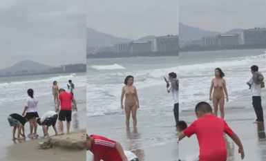 抖音吃瓜 4月9  海南三亚湾 海滩惊现裸女  当着小孩的面全裸露出